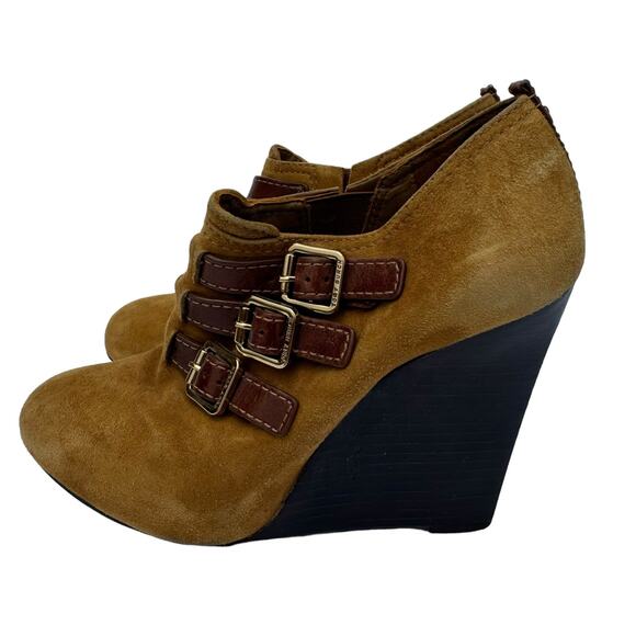 Tory Burch Gabrielle Brown Suede Wedge Booties Almond Toe & Tri-Buckle, Size 7M - Picture 7 of 12